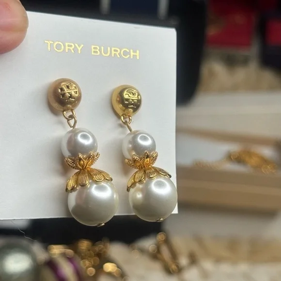 Tory Burch Gold and Pearl Floral Earrings - Picture 1 of 5